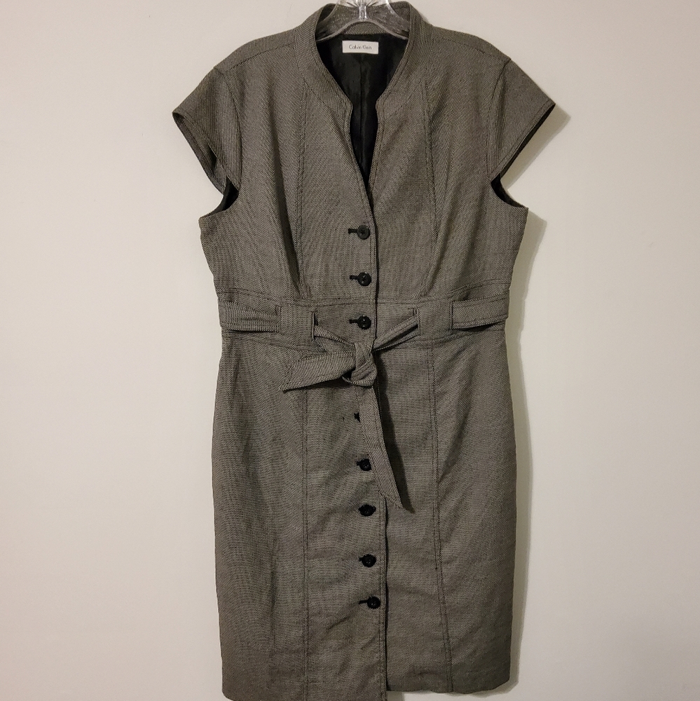 Calvin Klein Gray/Black Cap Sleeve Sheath Bodycon Dress Notched Neckline Size